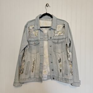 NWT O&O Women's Ripped Lace Inset Denim Jacket